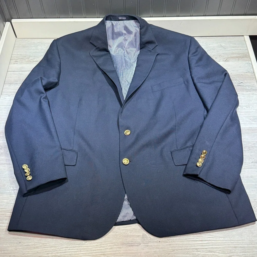 Stafford 48R Navy‎ Blue Gold Buttons Blazer Jacket Sport Suit Coat Wool Gingham
